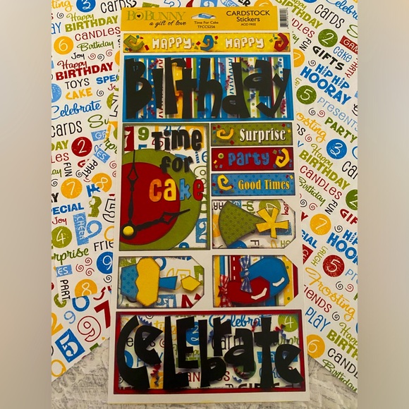 🎈🎉 BO BUNNY “TIME FOR CAKE” BIRTHDAY STICKERS & SCRAPBOOK PAPER BUNDLE. - Picture 2 of 4